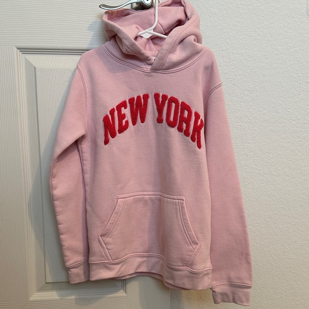 Kids Pink Hoodie with Red 'New York' Text
